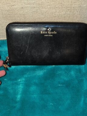 Kate Spade Black Leather Zip-Around Wallet with Gold Logo
